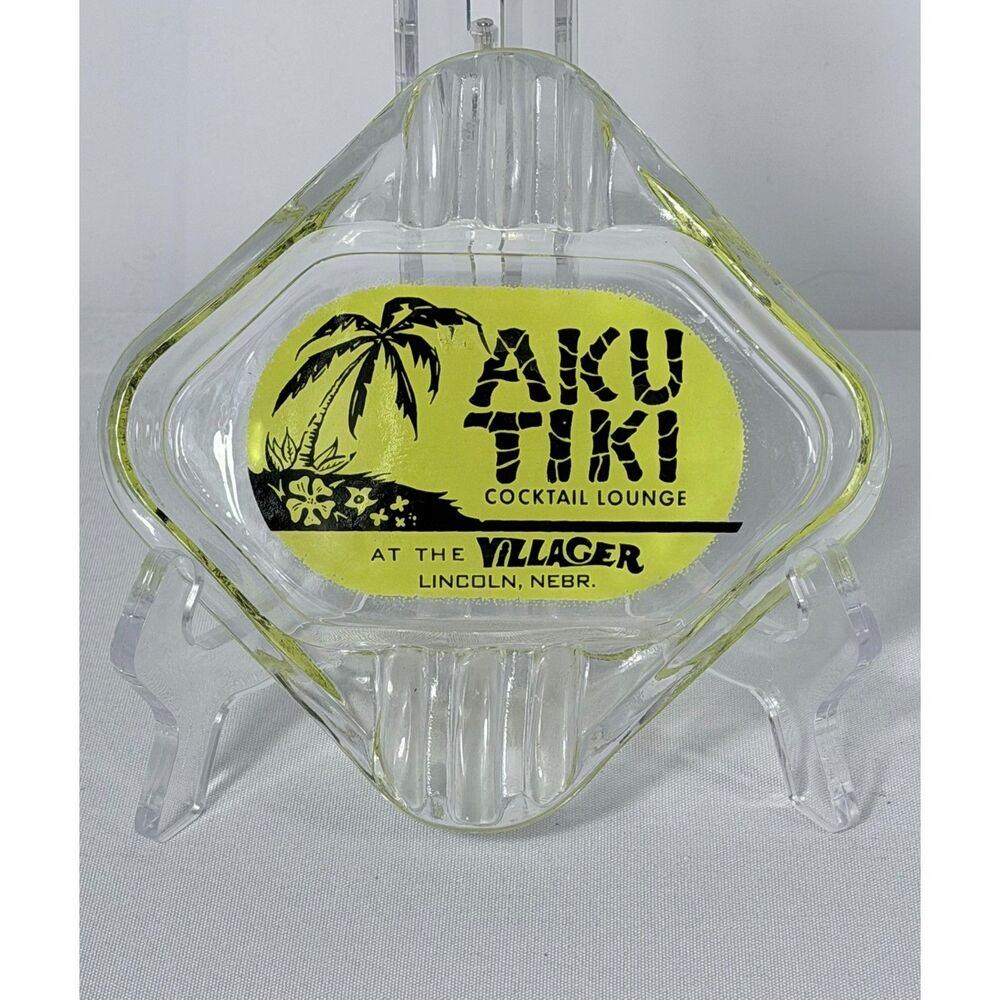 Vtg Aku Tiki Cocktail Lounge Clear Glass Ashtray Mancave Bar Lincoln Nebraska